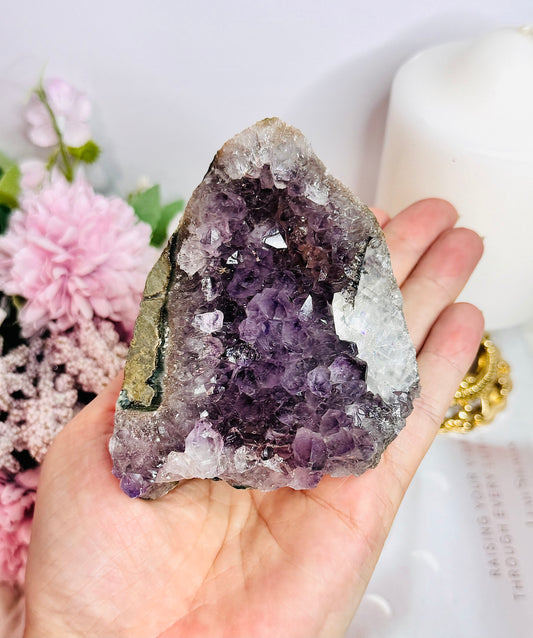 Beautiful Natural Base Cut Amethyst Cluster with Calcite From Brazil 8cm