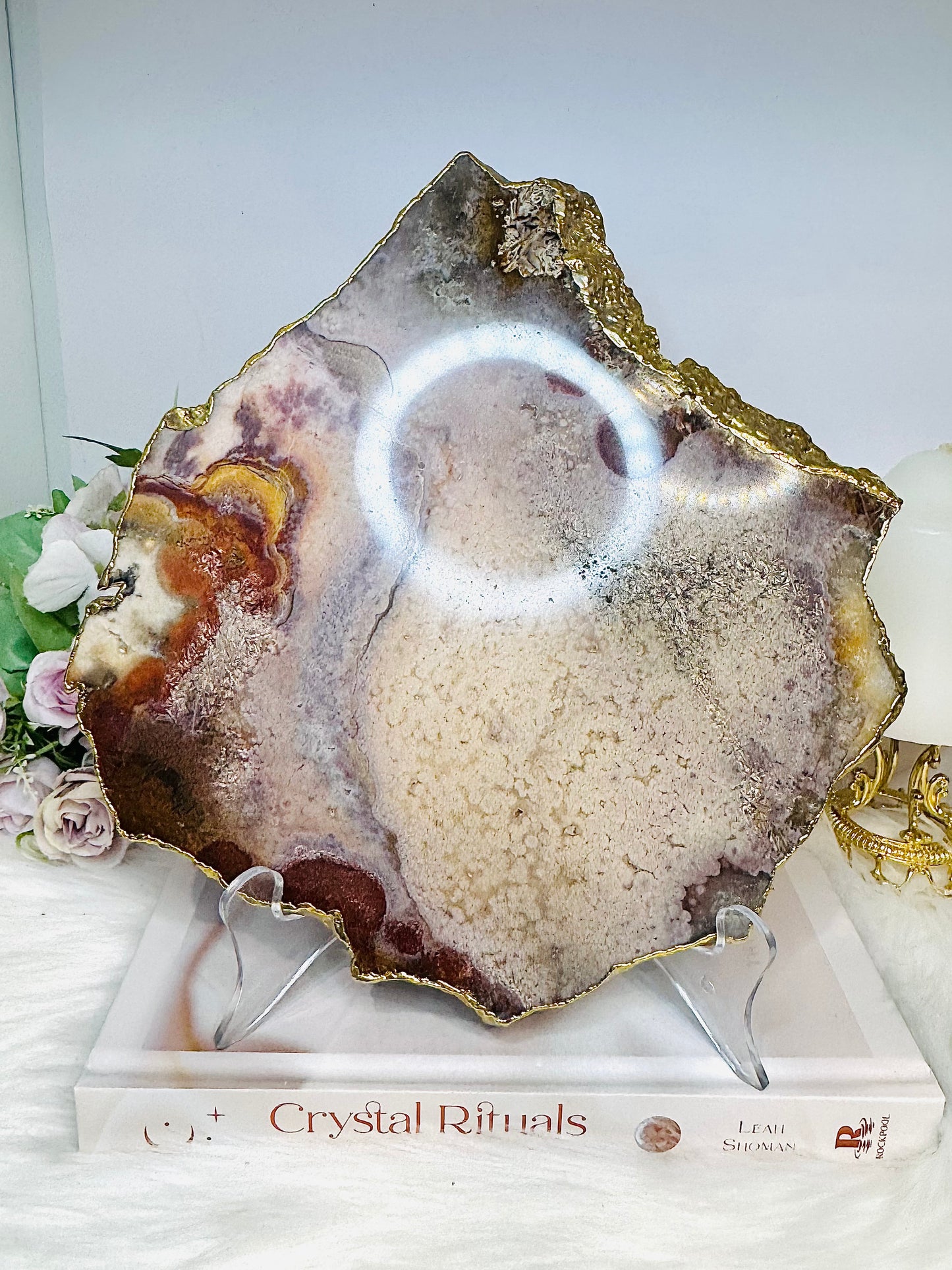 A Collectors Piece ~ High Grade Natural Pink Amethyst Druzy Slice | Slab with Gold Plating on Stand 24cm 689g