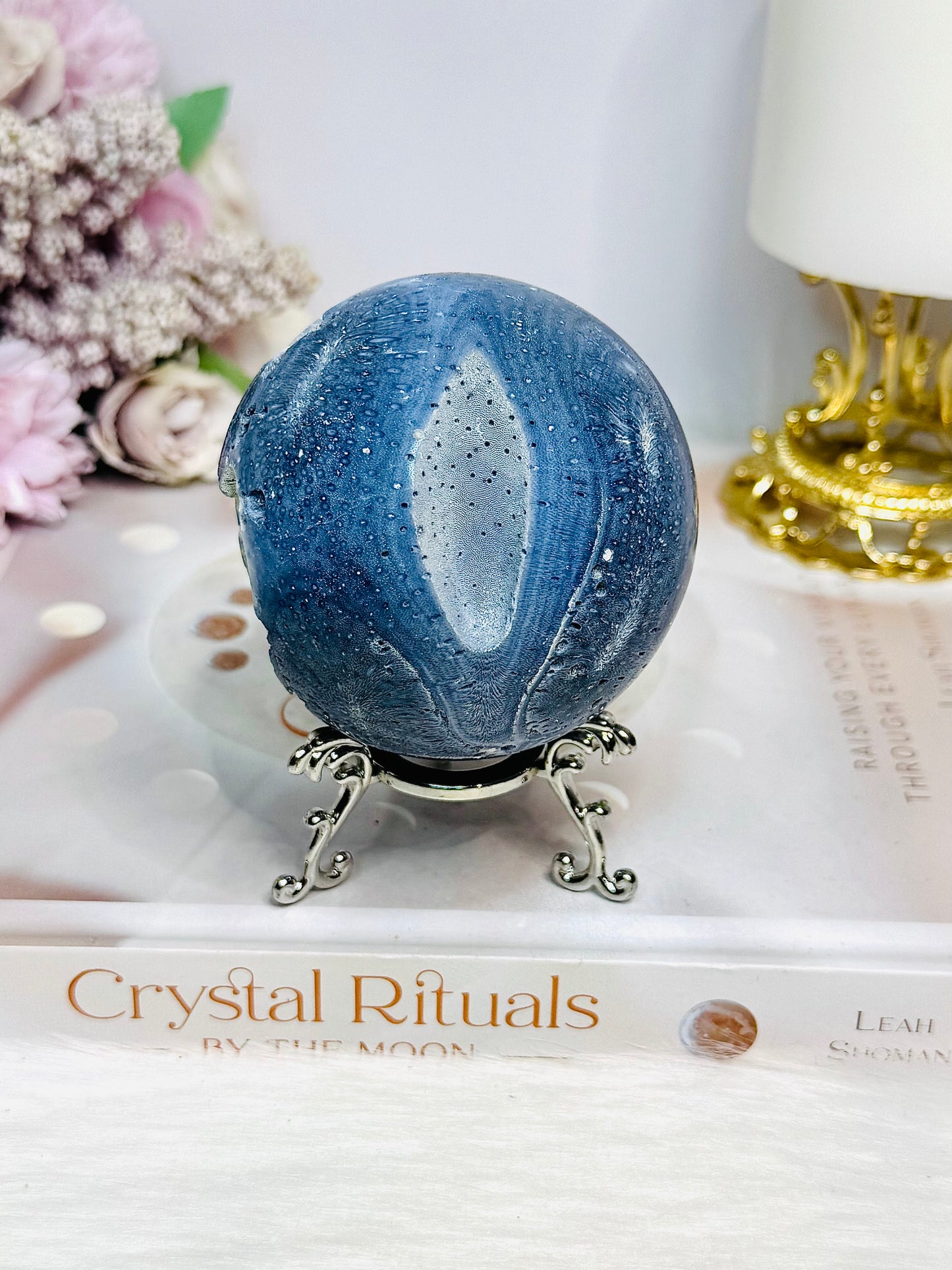 Rare Blue Coral Fossil Sphere on Stand 305g