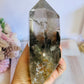 Stunning Large Garden Quartz | Lodolite Tower on Timber Base 938grams 27cm