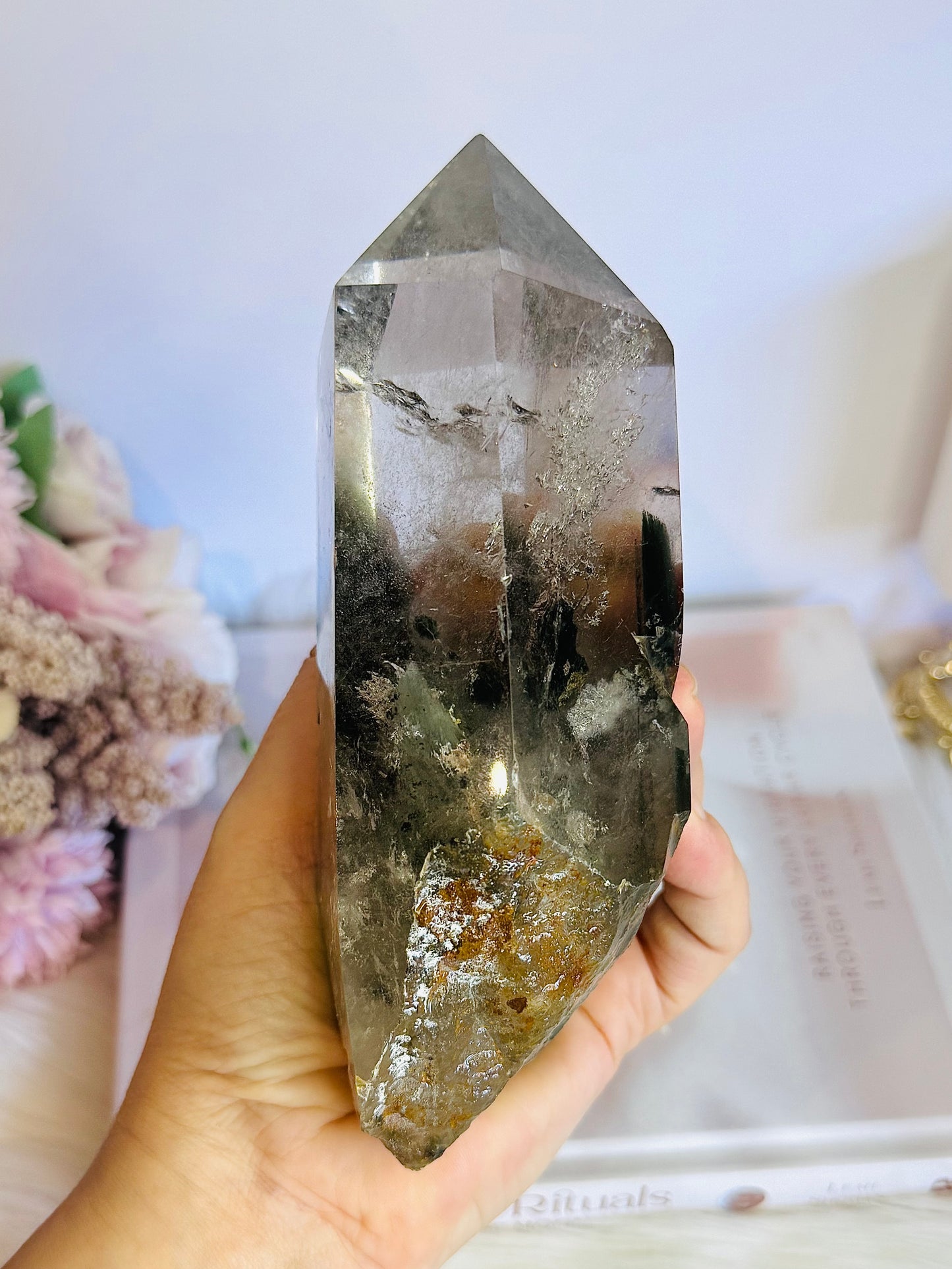 Stunning Large Garden Quartz | Lodolite Tower on Timber Base 938grams 27cm