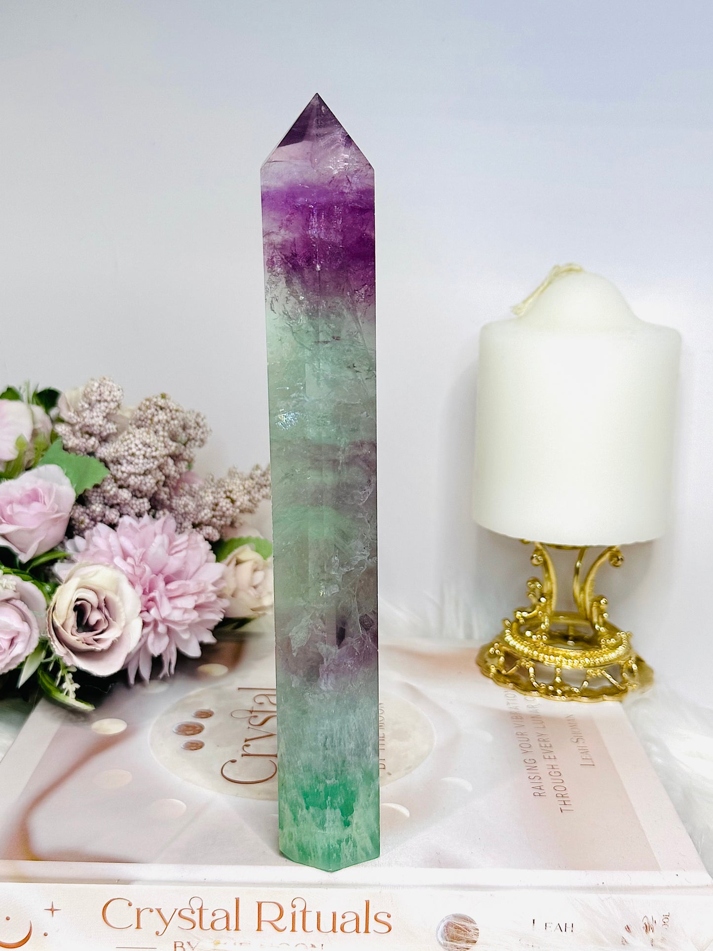 Tall Watermelon Fluorite Tower 20.5cm with Rainbows