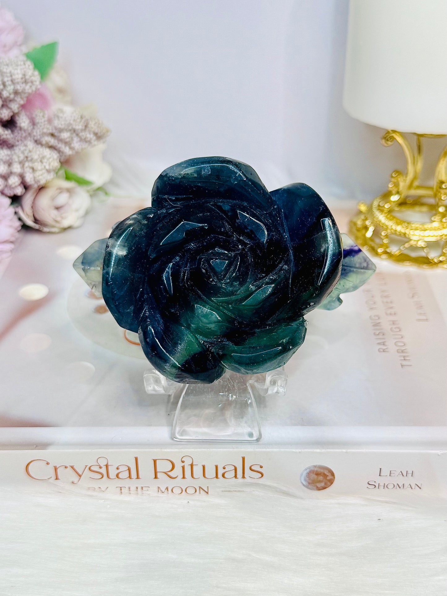 Fluorite Carved Flower On Stand 10cm 315g