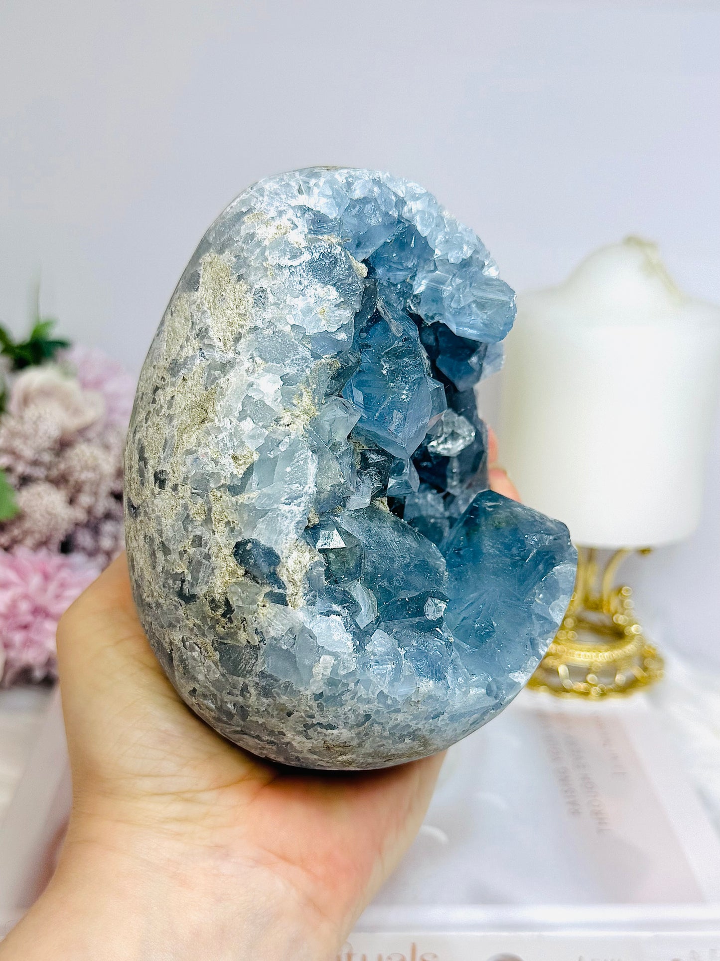 Huge Deep Blue Celestite Cluster Egg On Stand 1.8KG