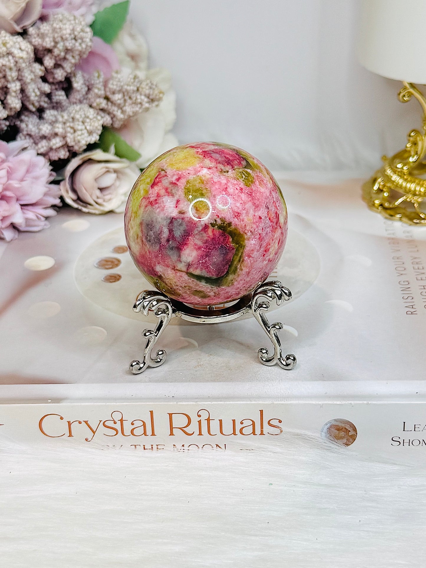 Thulite Sphere with Epidote 208g On Stand