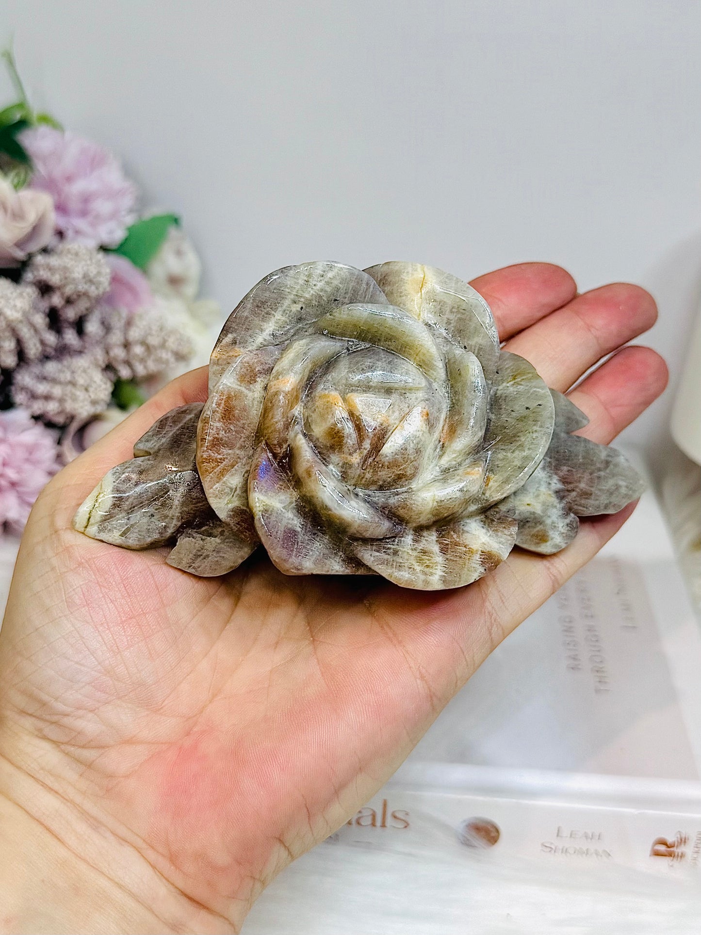 Large High Grade Moonstone Rose With Flash on Gold Stand 18cm