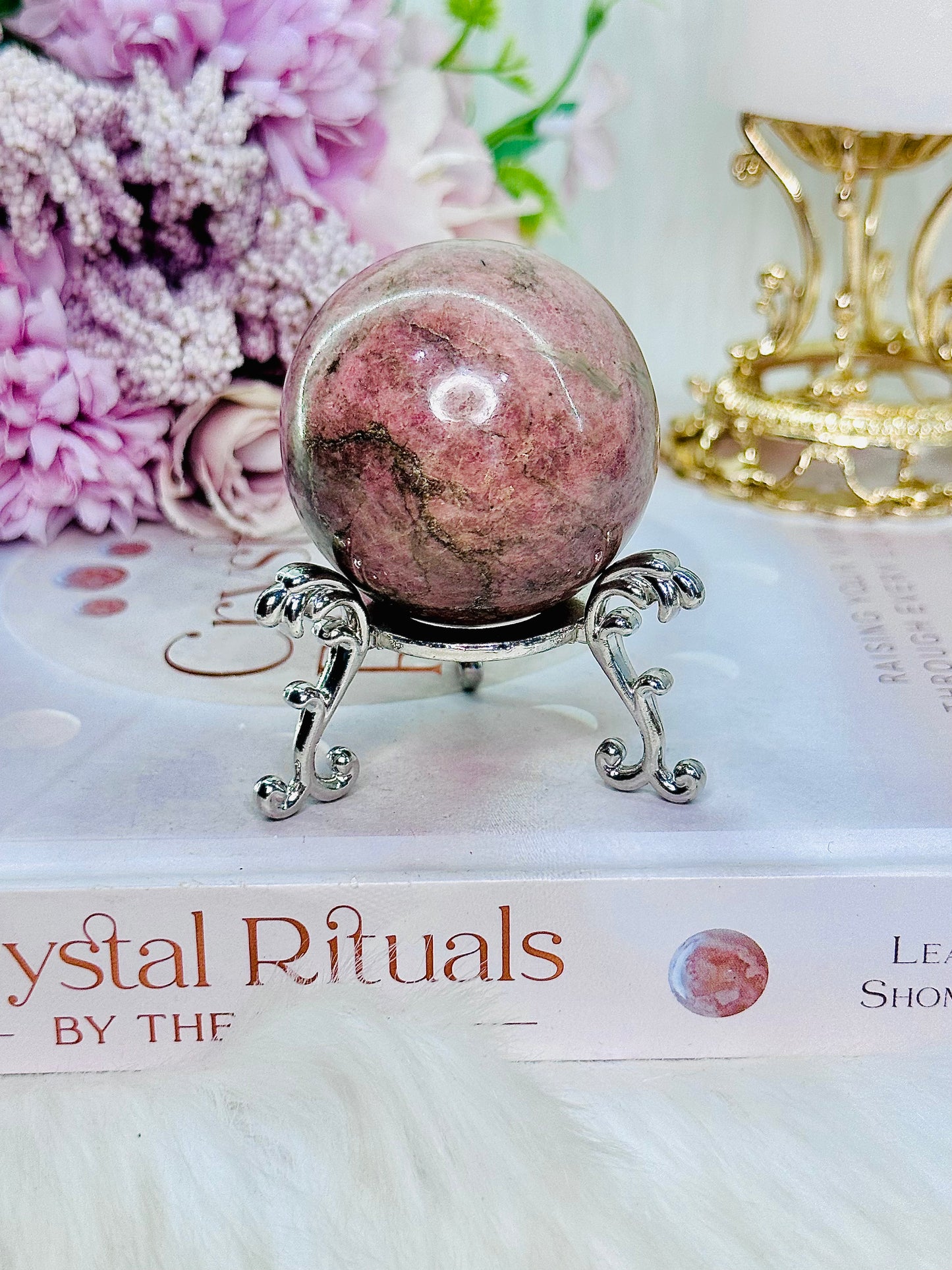 Pretty Rhodonite Sphere 174grams On Silver Stand