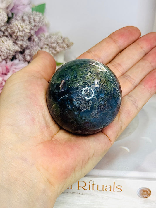 Blue & Green Moss Agate Sphere on Stand 207g