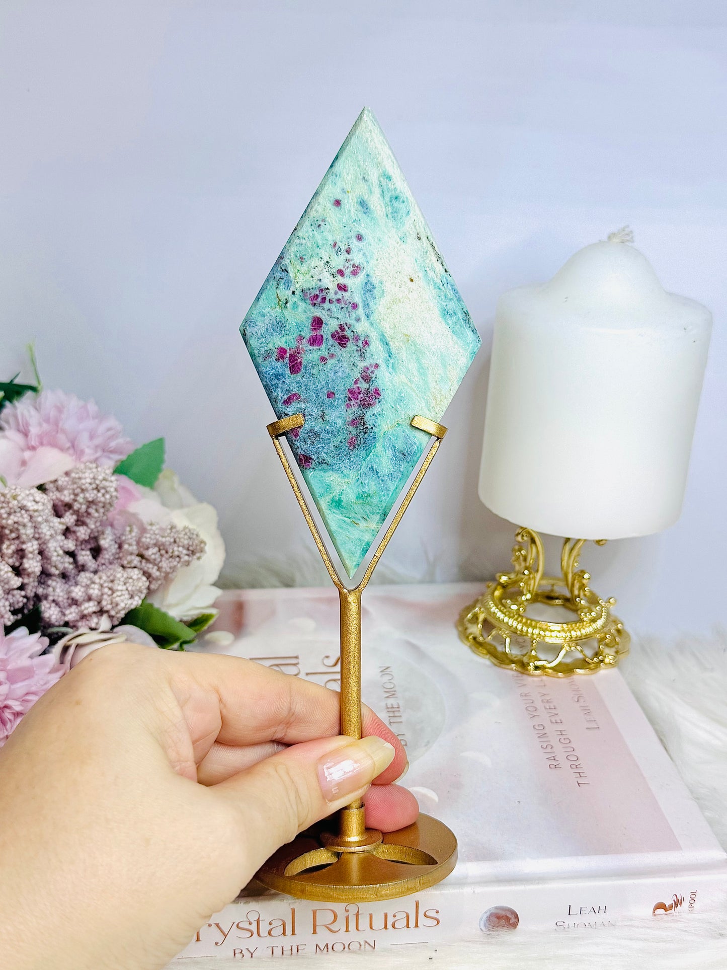 High Grad Ruby In Fuchsite Diamond (UV Reactive) on Gold Stand 20cm