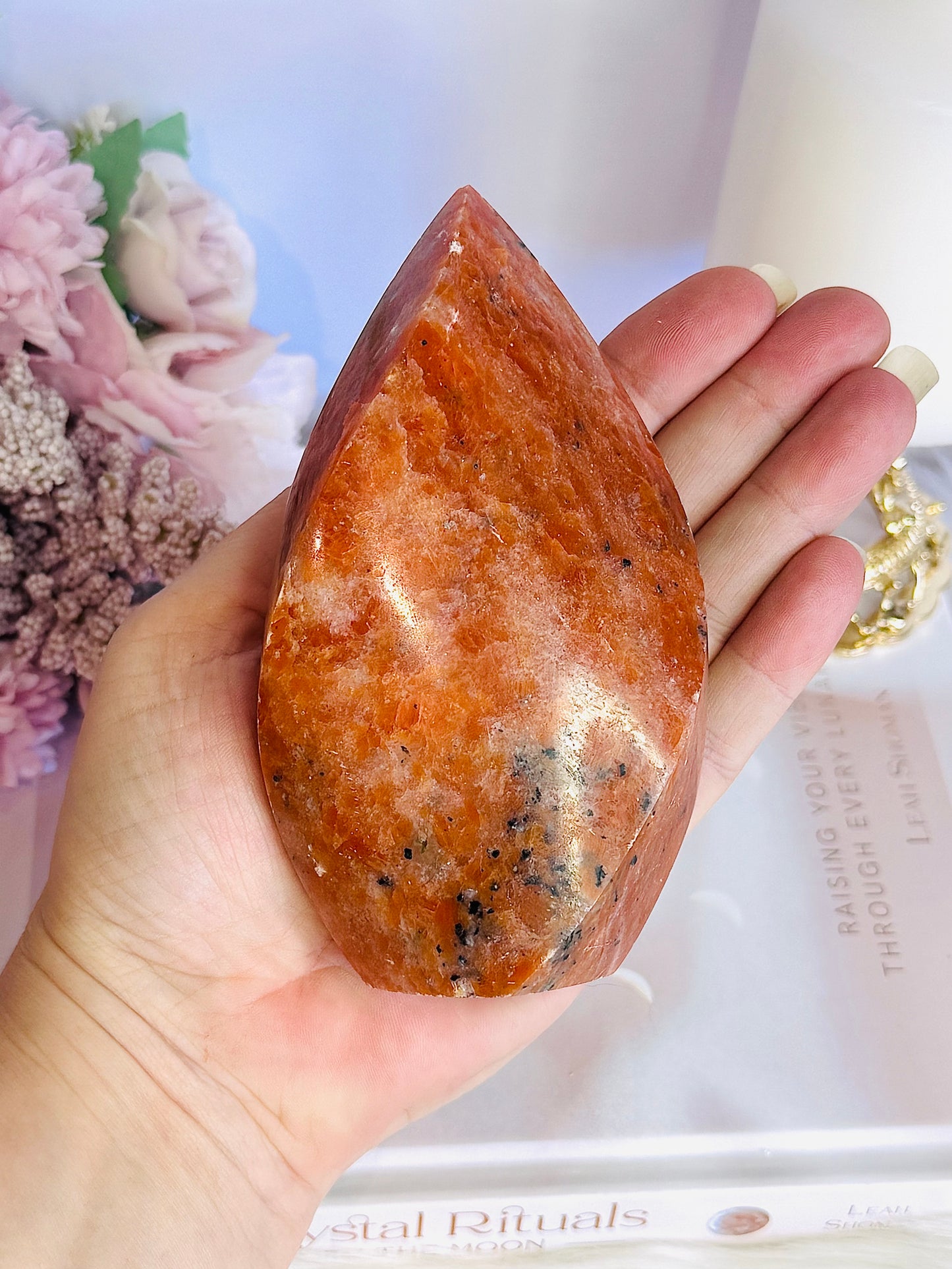 Incredible Large Orange Sunstone Carved Flame | Freeform 12cm 485grams