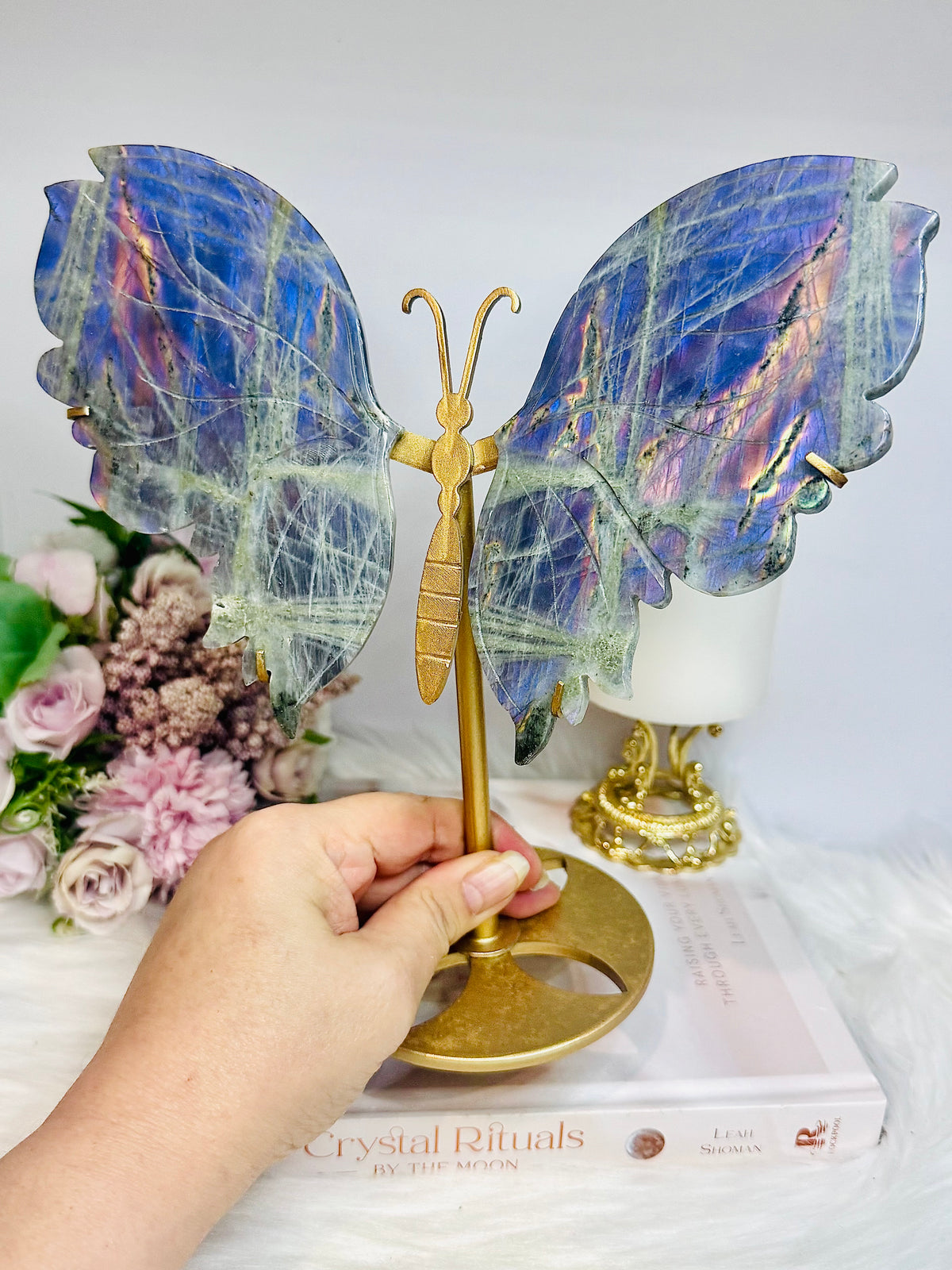 Large Labradorite Butterfly Wings With Purple Flash 21cm Tall