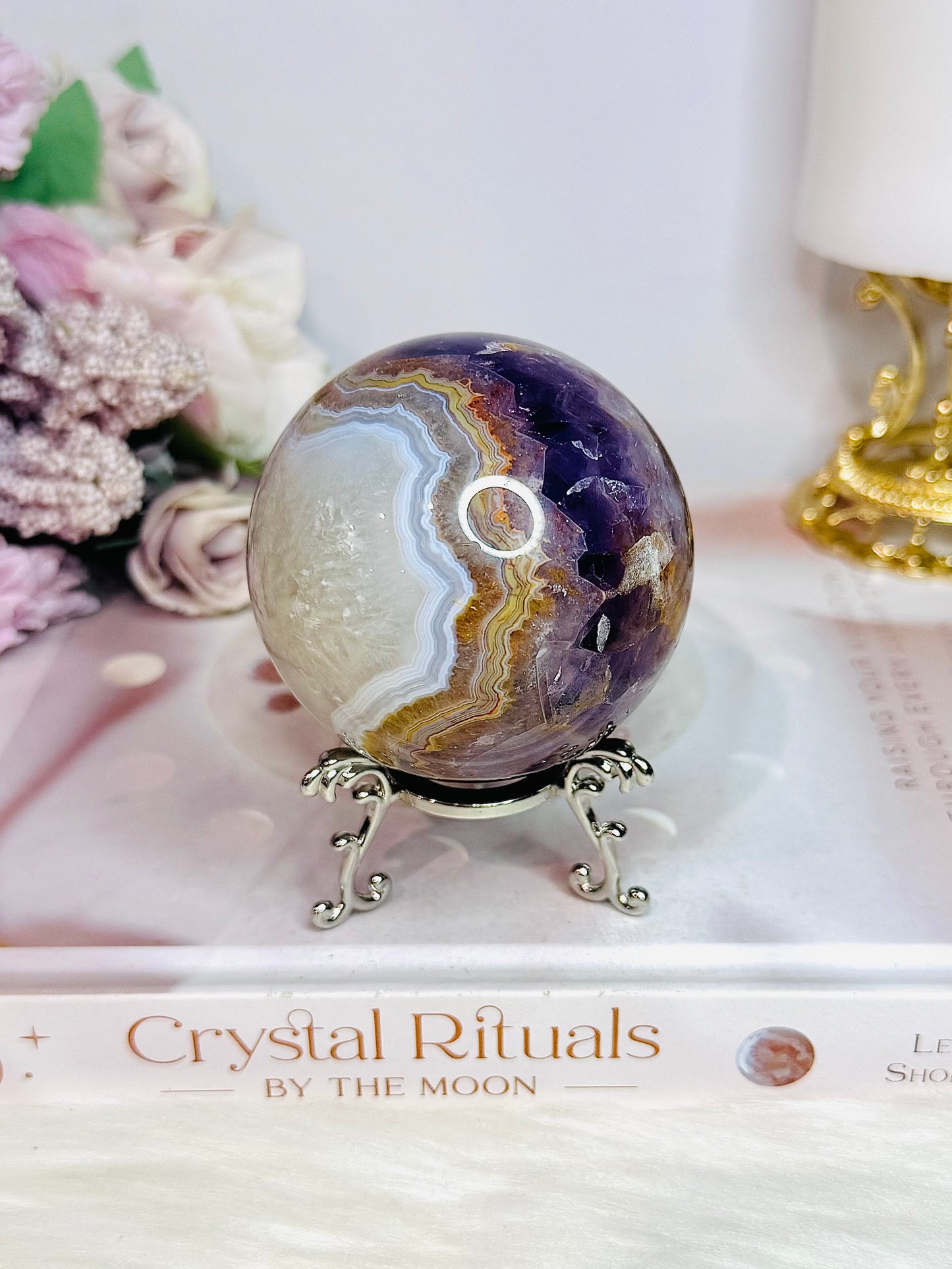 Amethyst X Agate High Grade Sphere on Stand 355grams