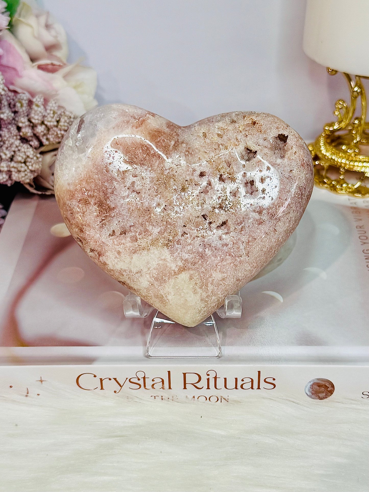 Beautiful Puffy Druzy Pink Amethyst Carved Heart On Stand