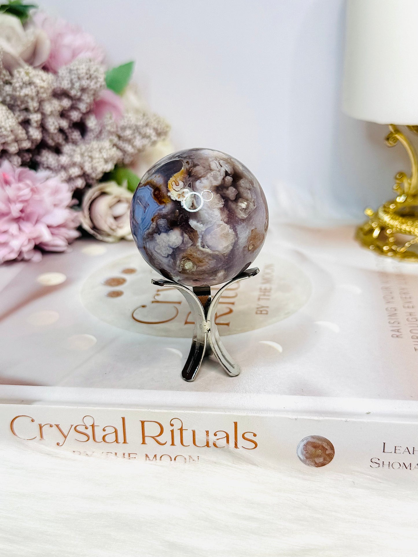 High Grade Blue Flower Agate Sphere on Stand 104g