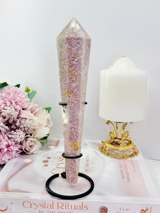 Classy Large 22cm Pink Agate Carved Wand on Stand