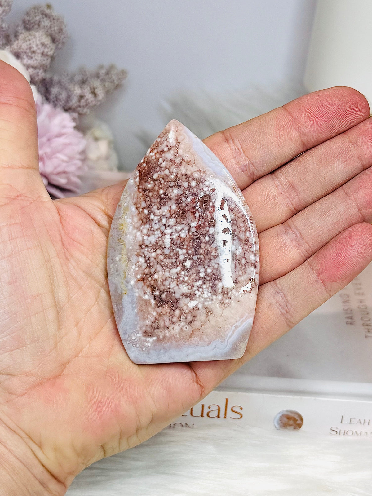 Flower Agate Carved Thin Flame on Stand 7.5cm