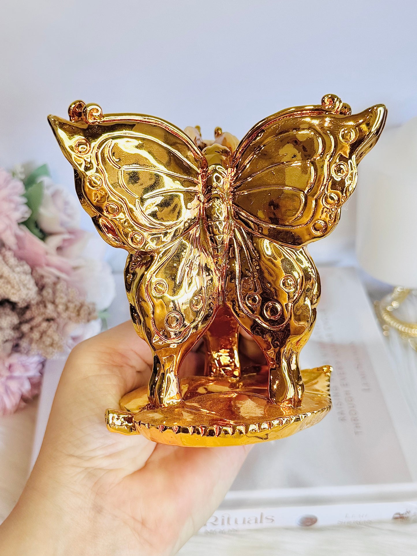 Large Gorgeous 17cm Gold Butterfly Stand with Large Selenite Sphere