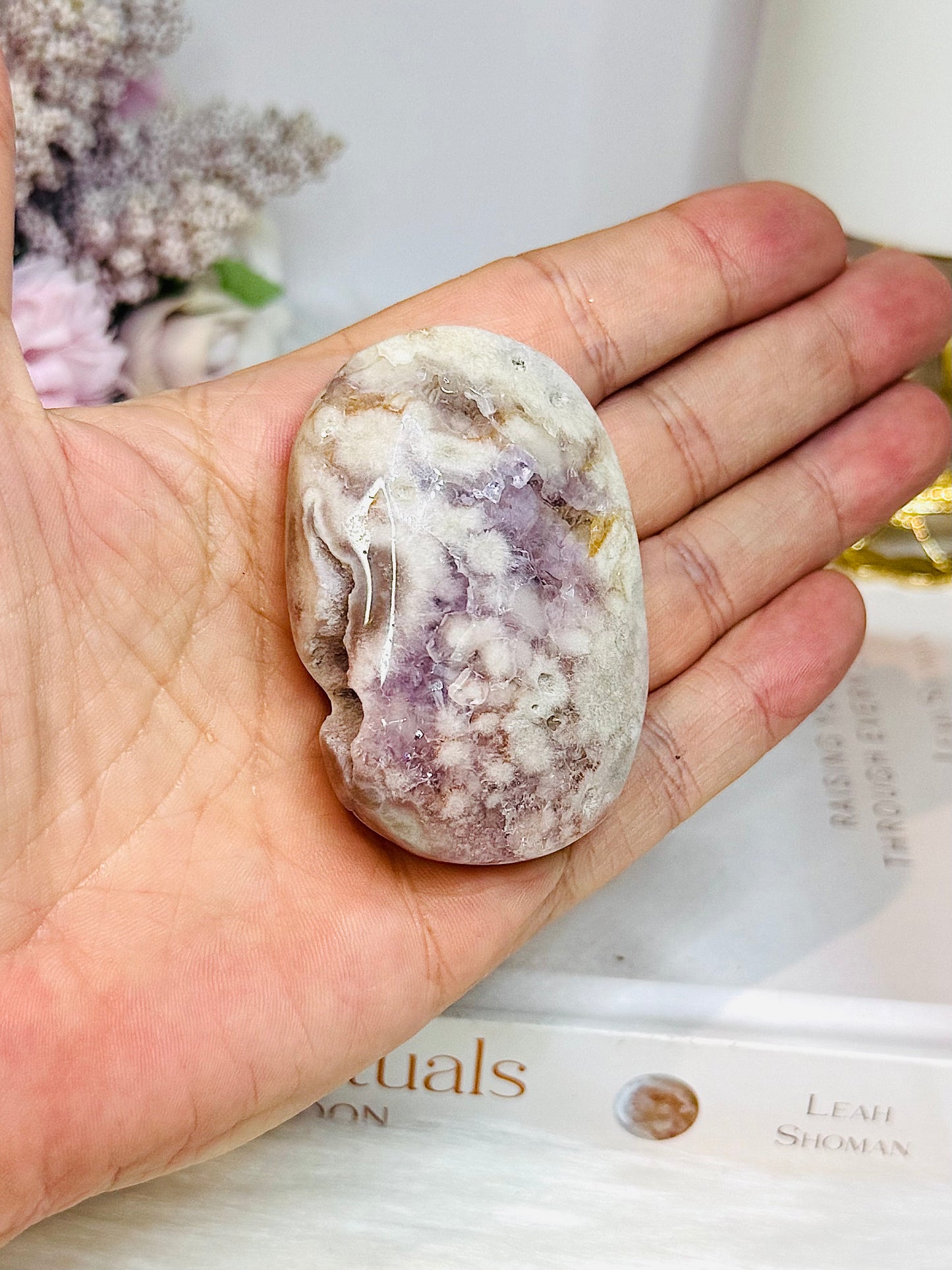 Pink Amethyst Druzy Palm Stone (stand is display only)