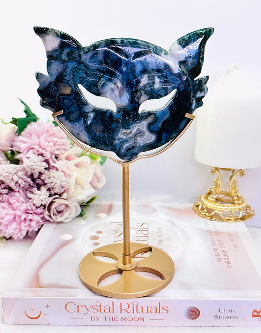 Wowww!!!!! Absolutely Incredible Large 20cm (Inc Stand) High Grade Moss Agate Cat Mask On Gold Stand