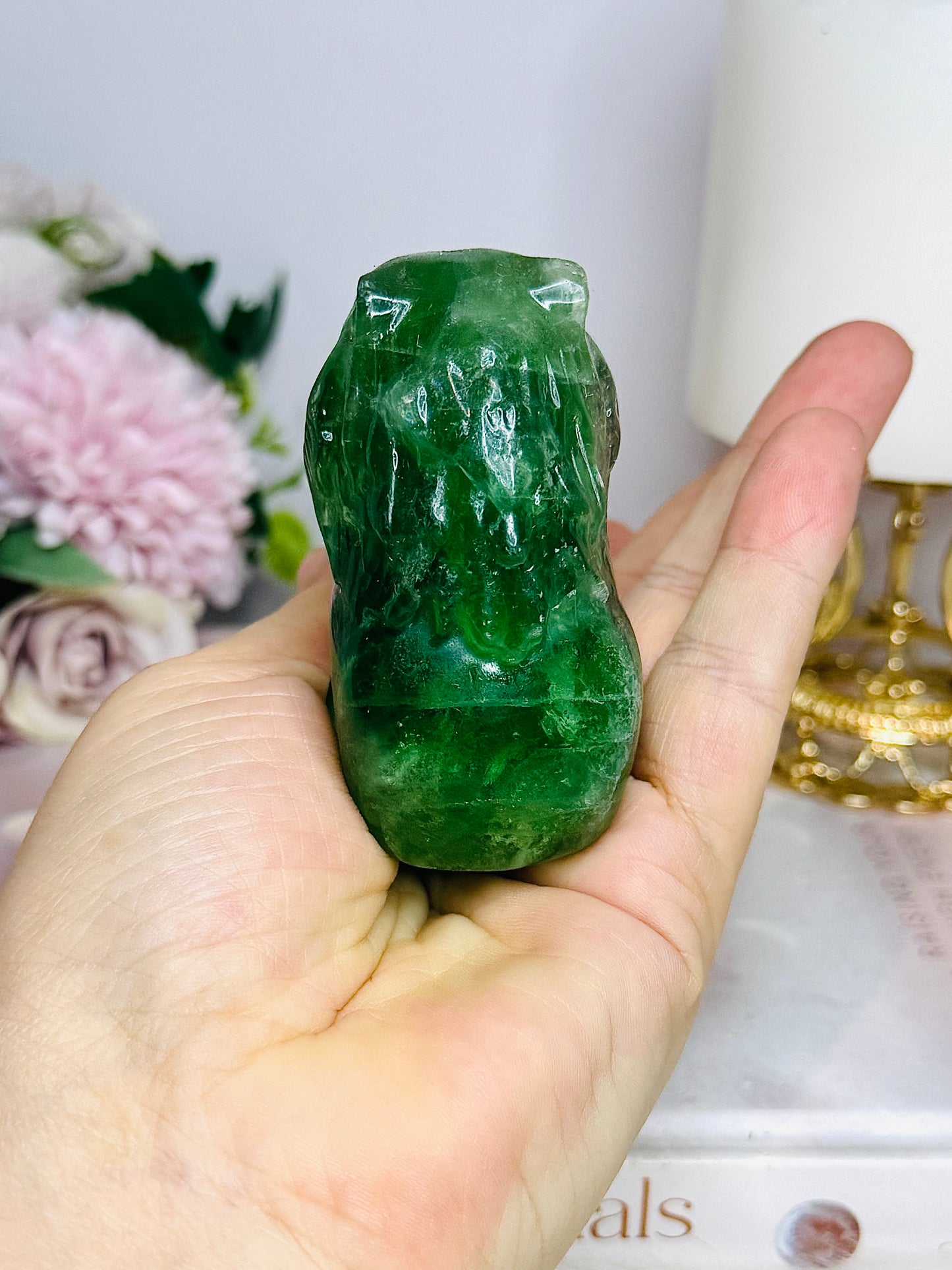 High Grade Green Fluorite Carved Skull with Lion Head 7cm