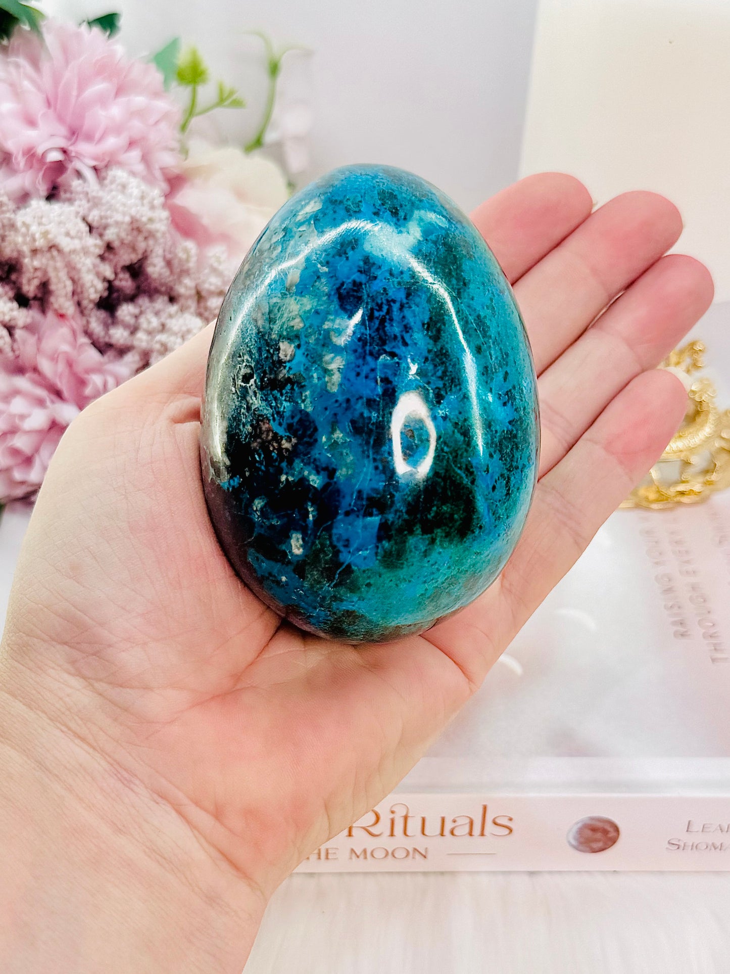 Wow!! Magnificent Large 482gram Chrysocolla Carved & Polished Egg On Stand