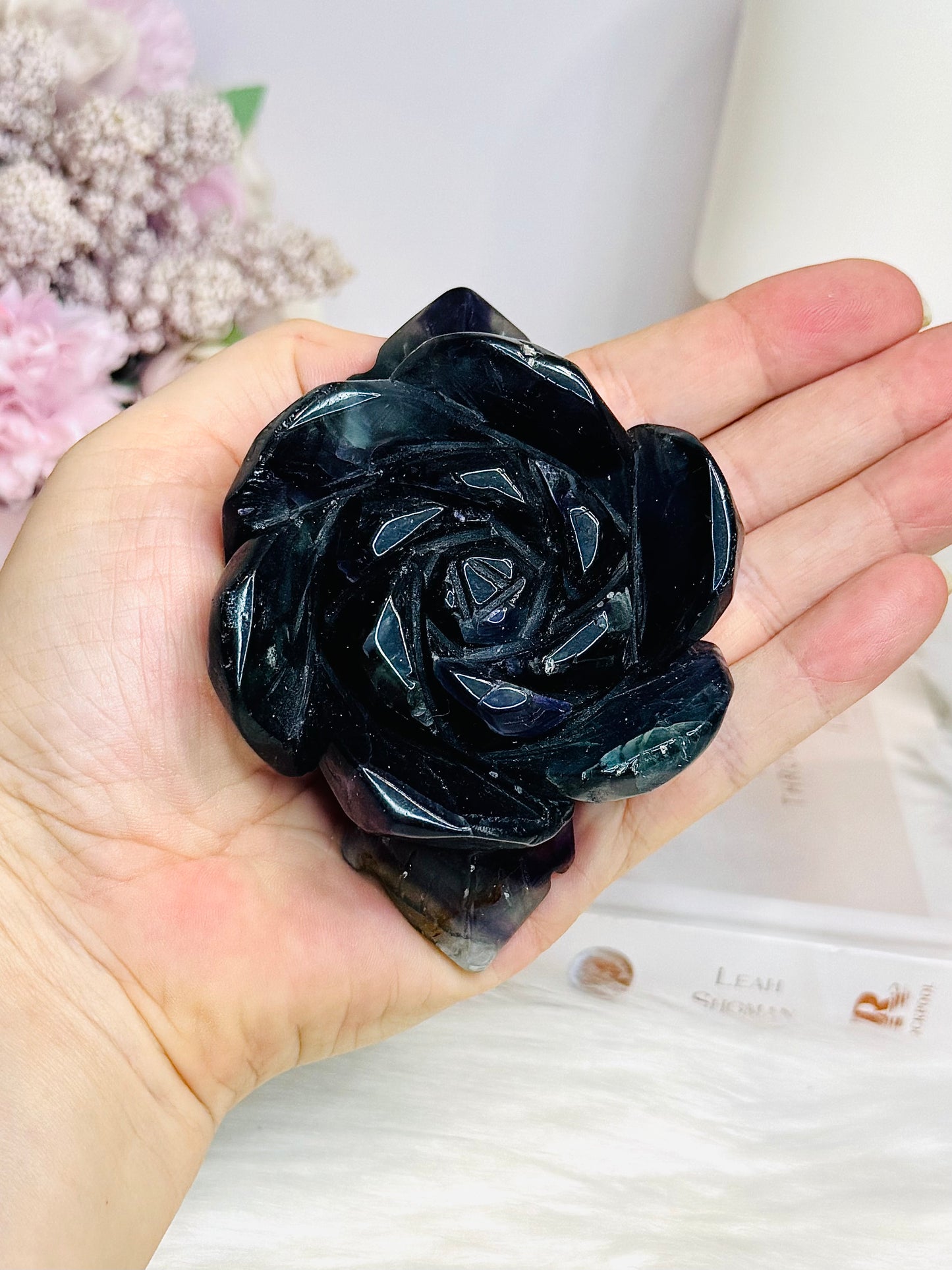 Fluorite Carved Flower On Stand 10cm 277g