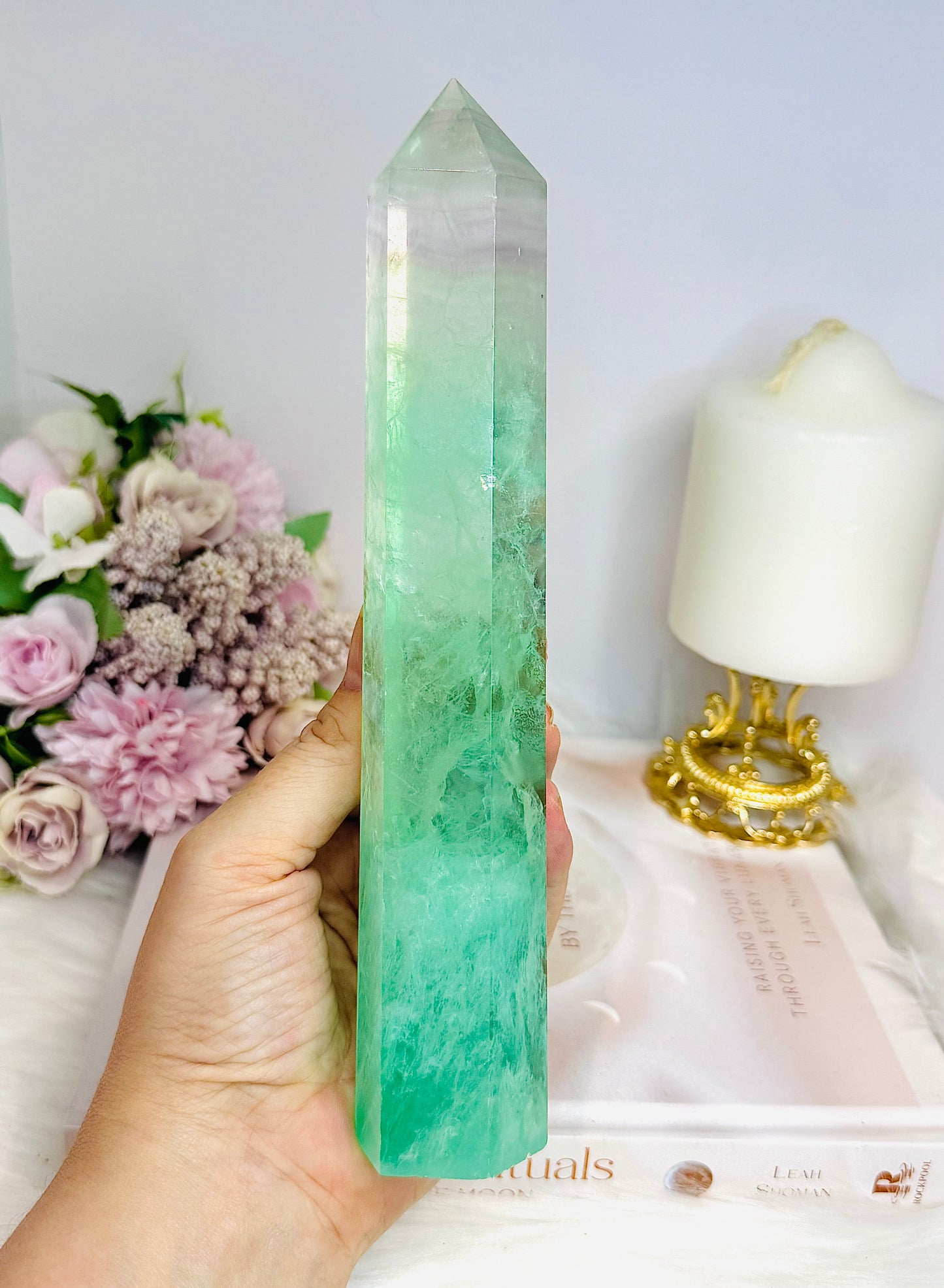 Green Watermelon Fluorite Tower with Rainbows 21.5cm