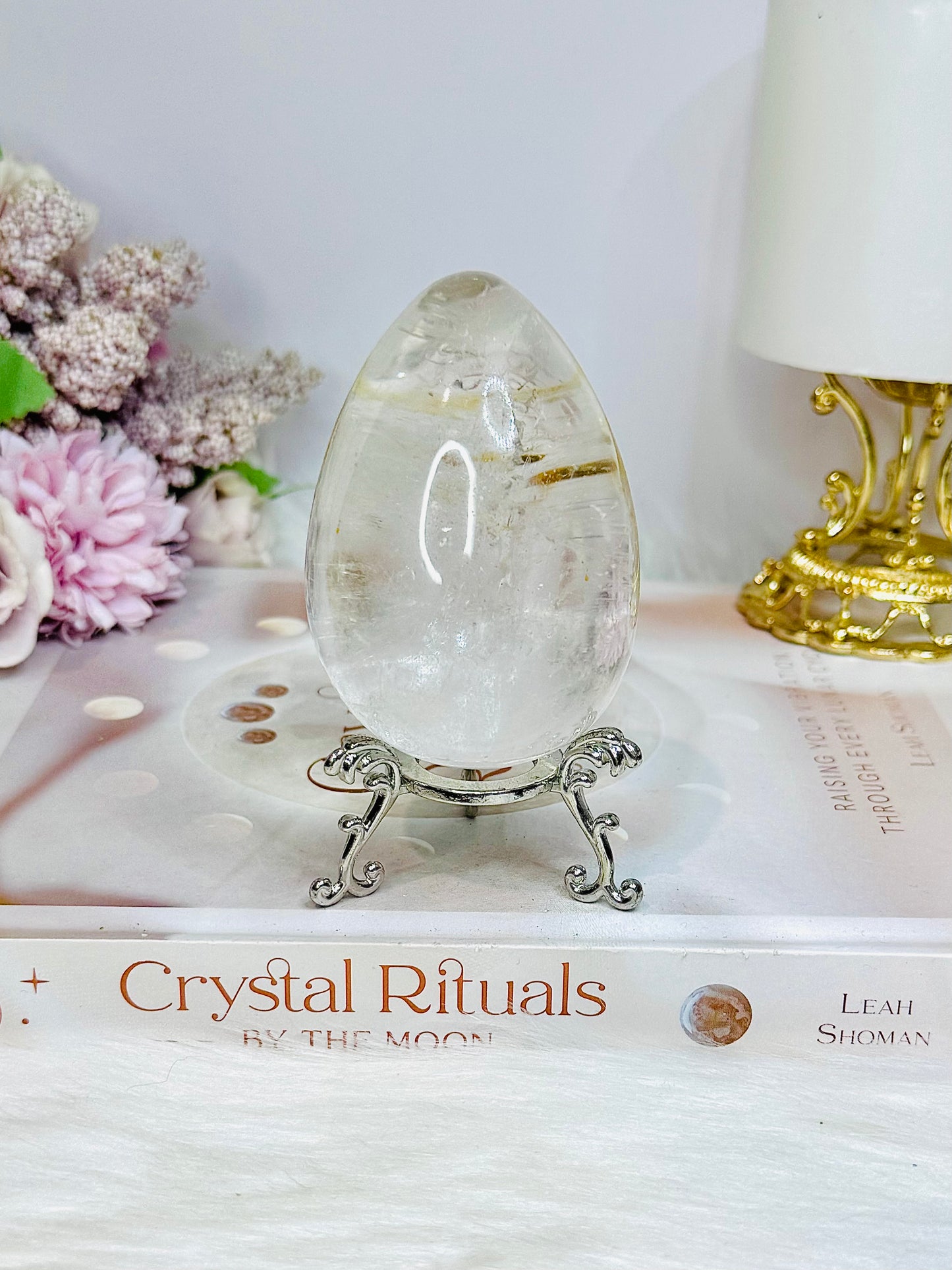 Large Clear Quartz Egg with Inclusions On Stand 7cm