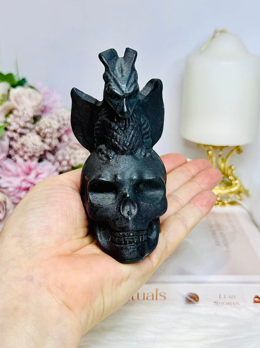 Shungite Carved Skull with Dragon 11cm