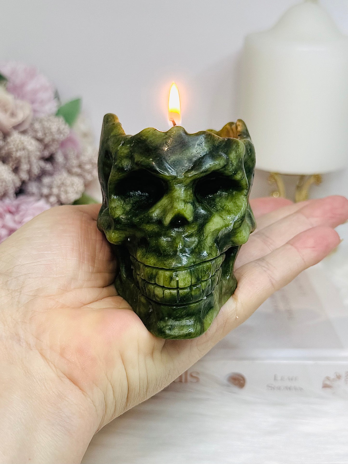 Green Jade Candle Holder Skull 391g