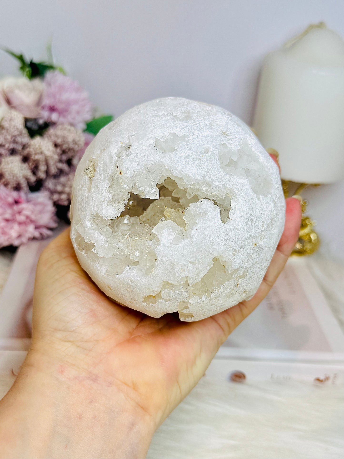 Large Moroccan Quartz Geode Druzy Sphere On Stand 734g