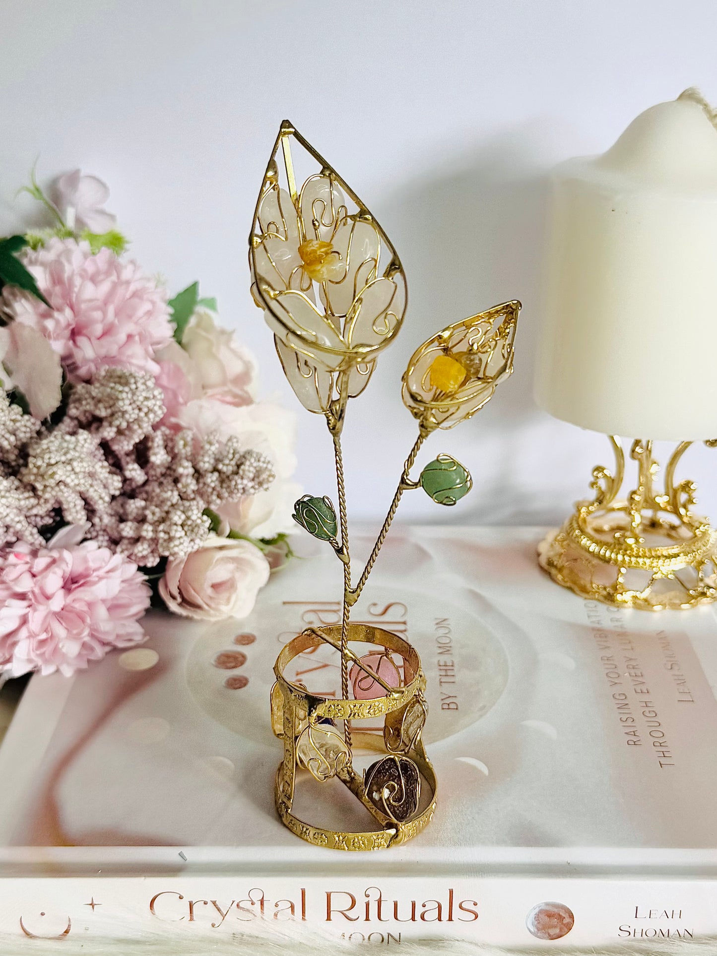 Beautiful 17cm Tall Gold Wired Rose Quartz Flower with Mixed Crystals