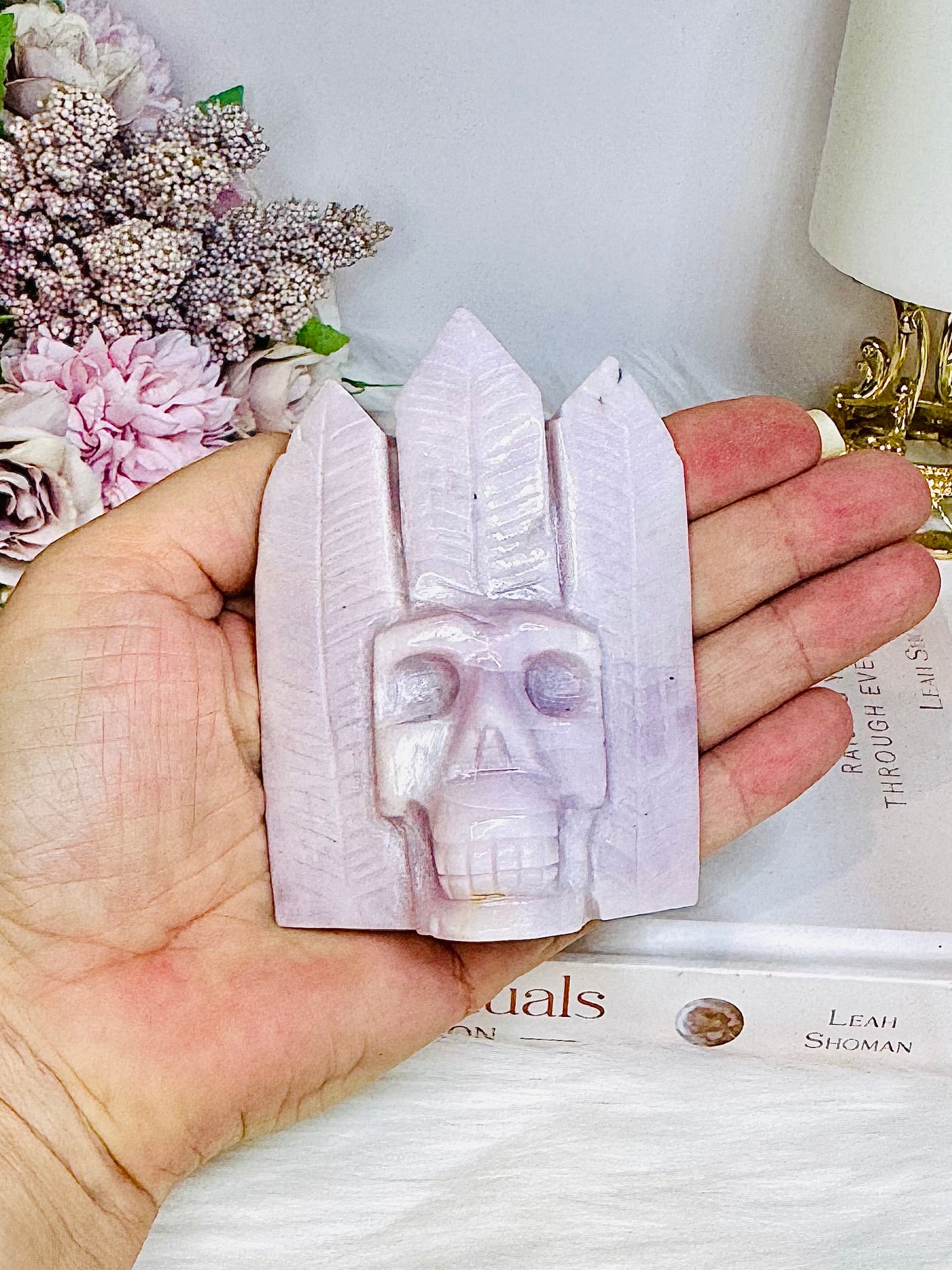 Kunzite Skull with Feather Points 9cm