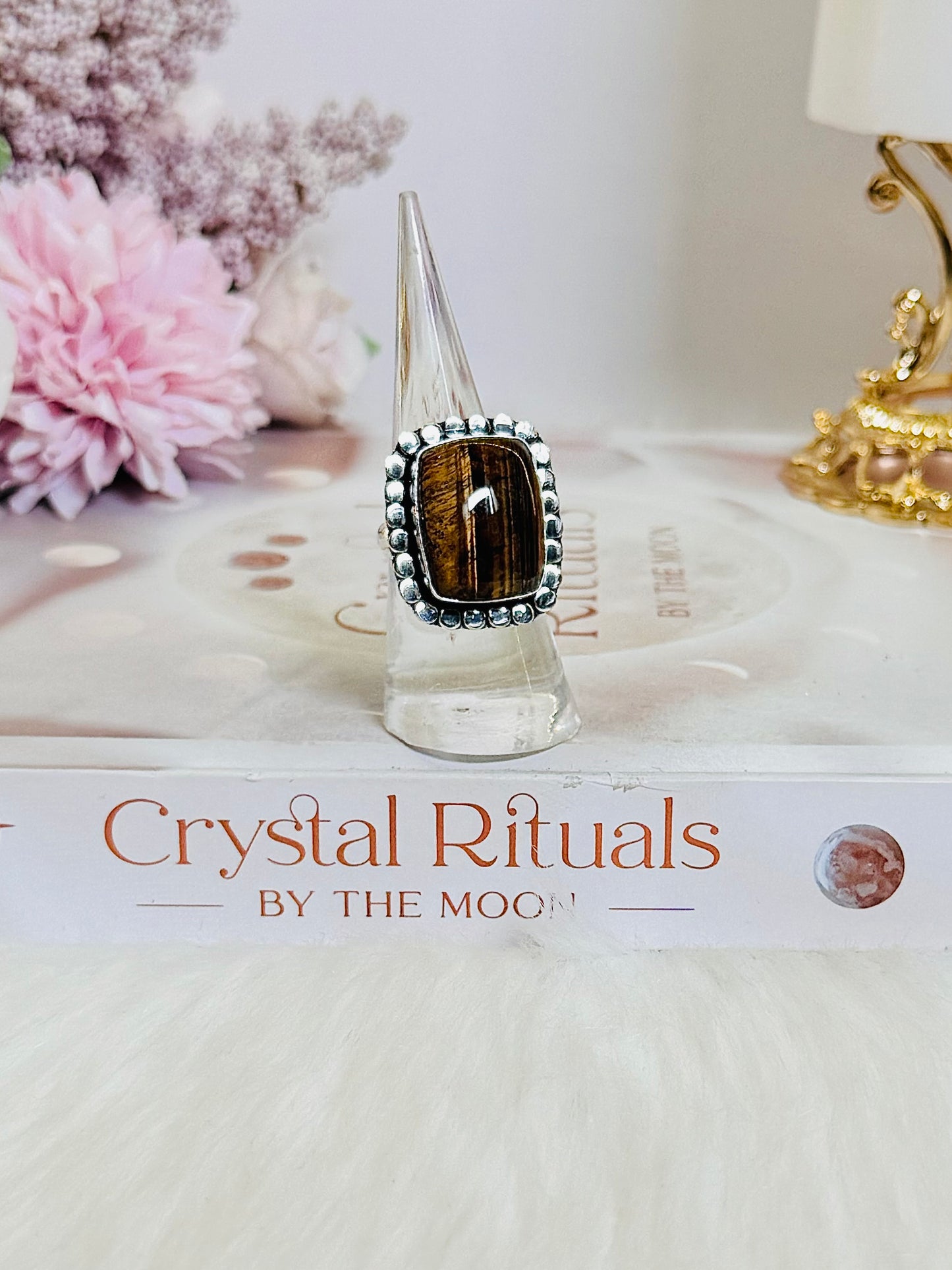 Large Natural Tigers Eye Adjustable Ring In Gift Bag