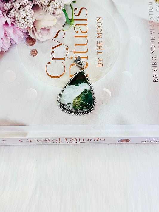 Beautiful Large Moss Agate Pendant In Gift Bag