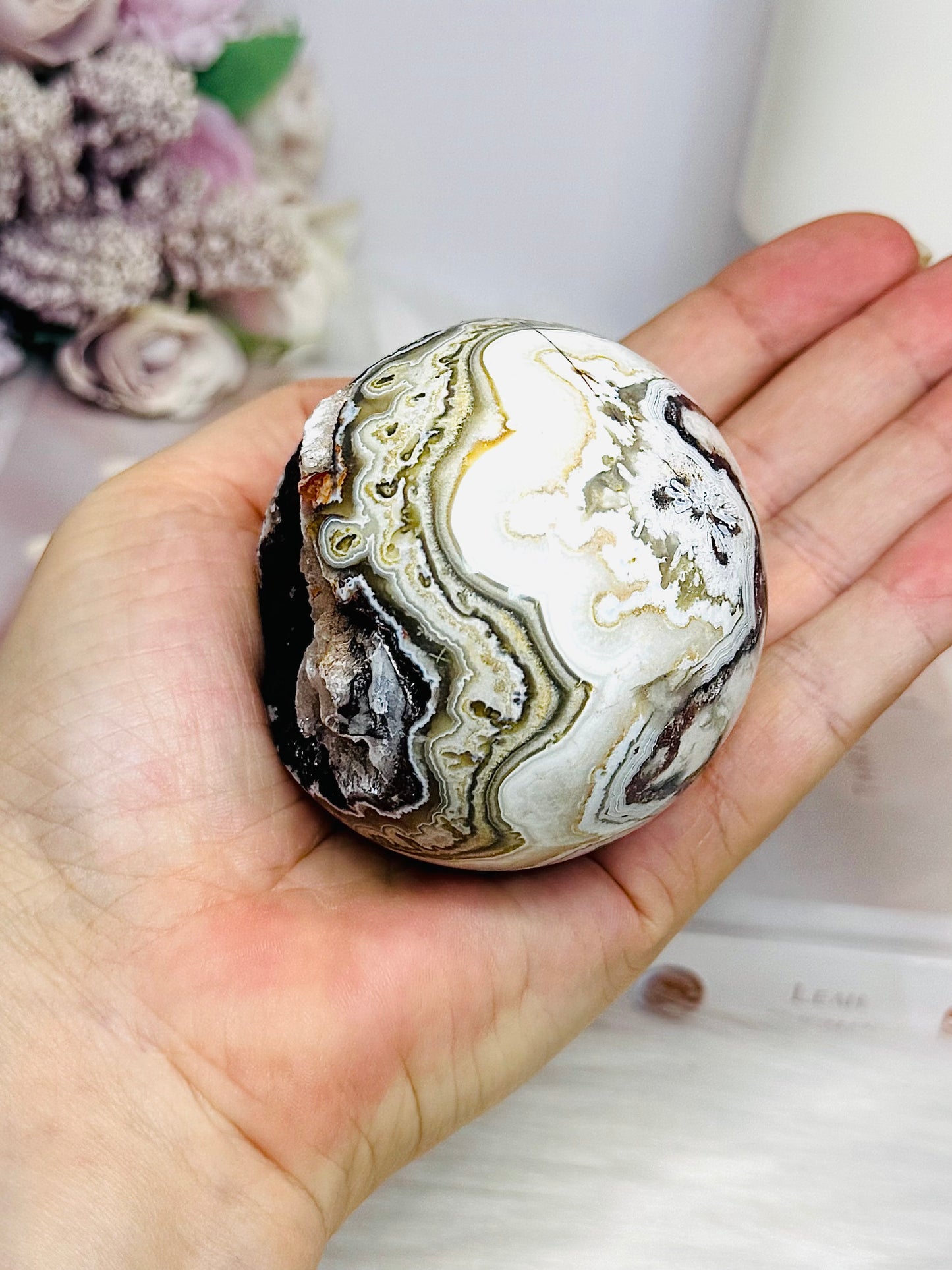 Mexican Lace Agate Druzy Sphere on Stand 331g