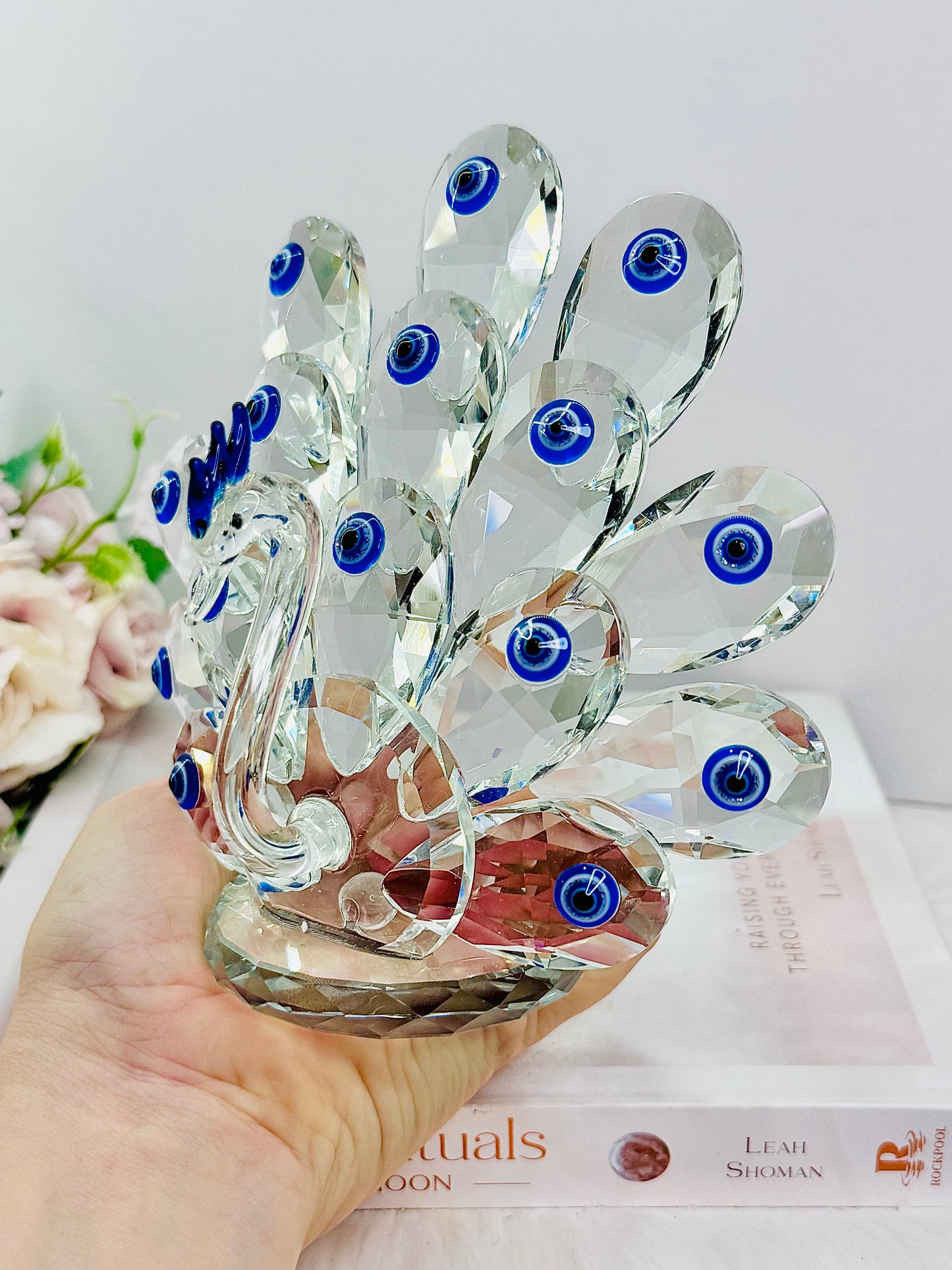 For Protection ~ Exquisite Large 15cm Glass Evil Eye Peacock Figurine combining elegance and mystique