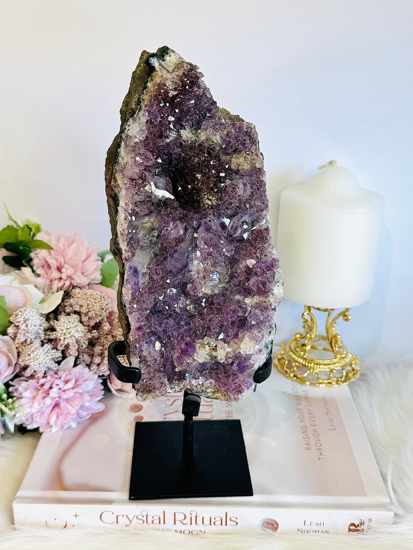 High Grade Amethyst Natural Cluster Slab with Stalactite Formations On Custom Stand 23cm 1.03KG