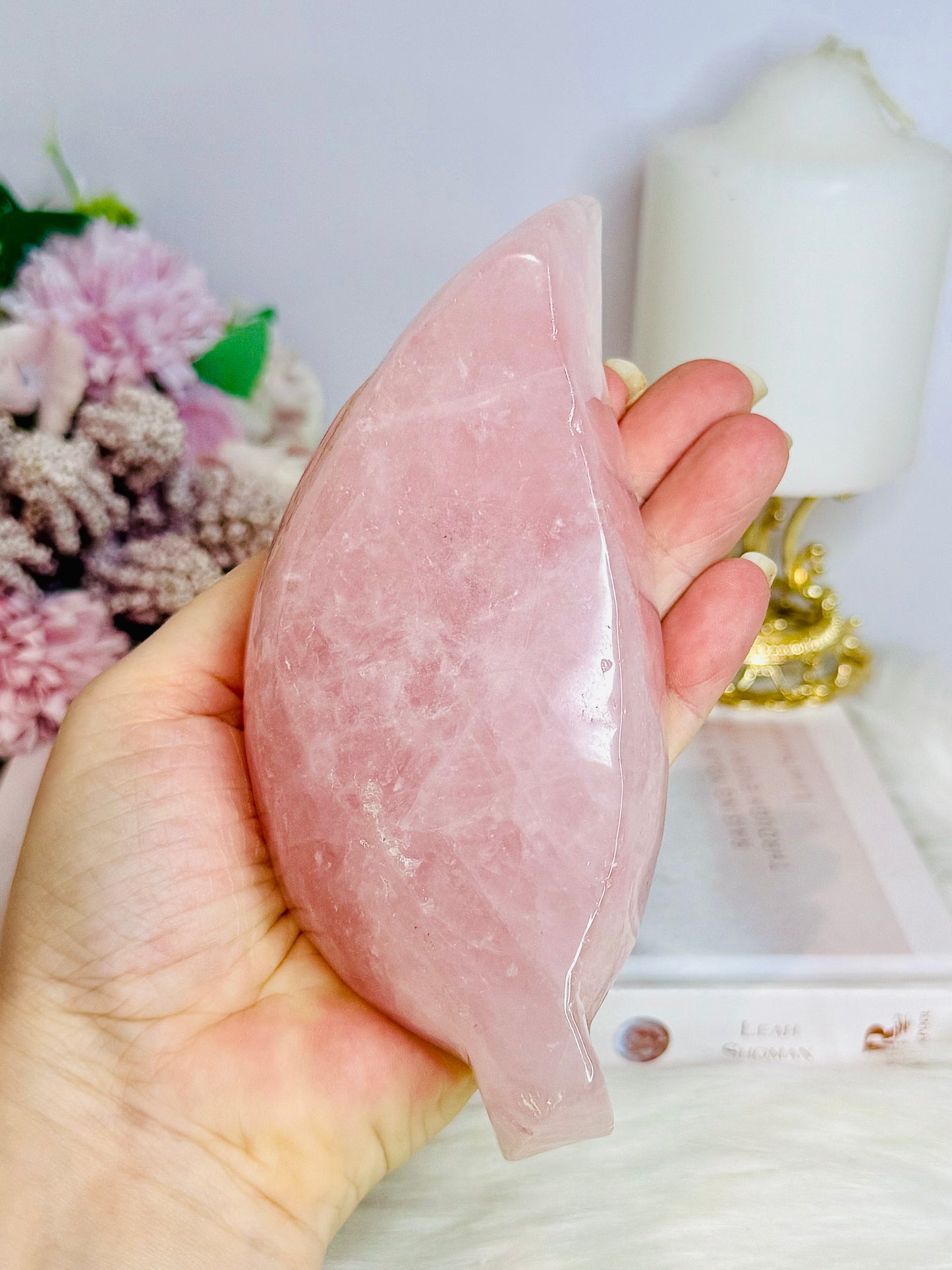 Large Chunky Rose Quartz Carved Leaf Bowl 15cm 410g