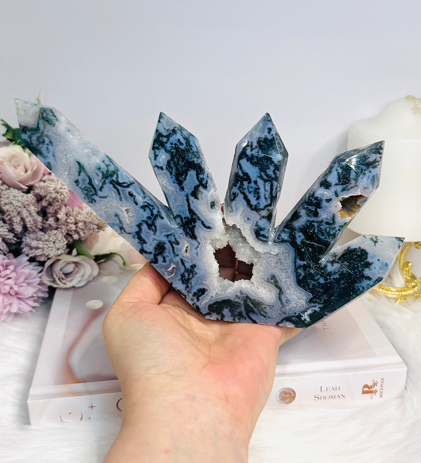 Moss Agate Druzy 5 Point Tower 22cm 638g