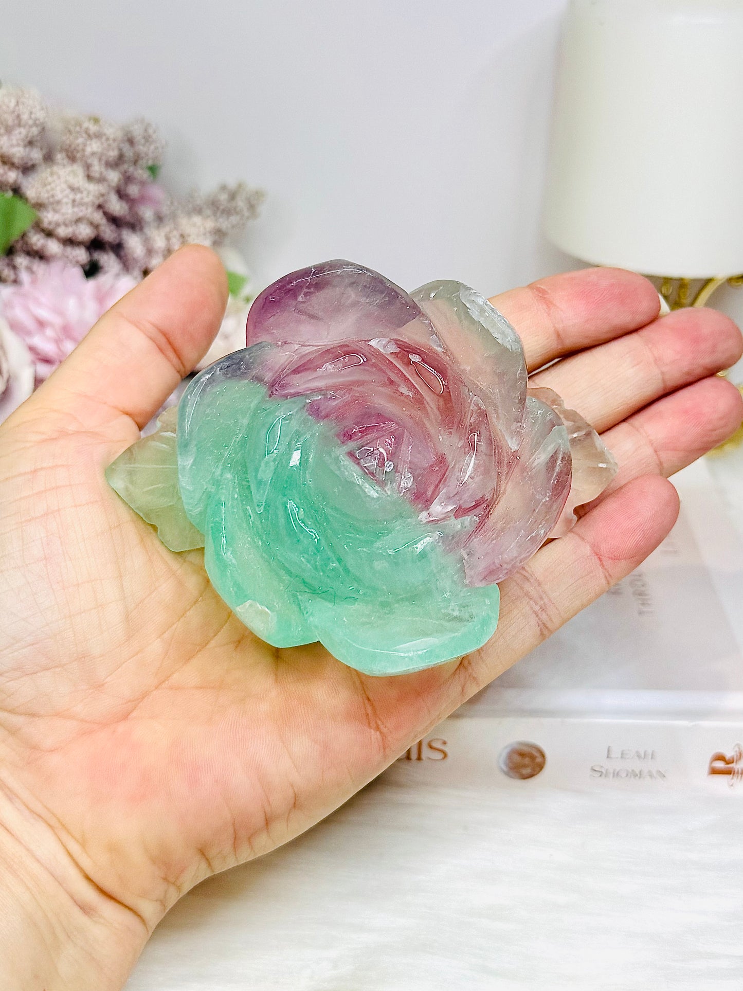 Large Watermelon Fluorite Carved Flower | Rose 10cm