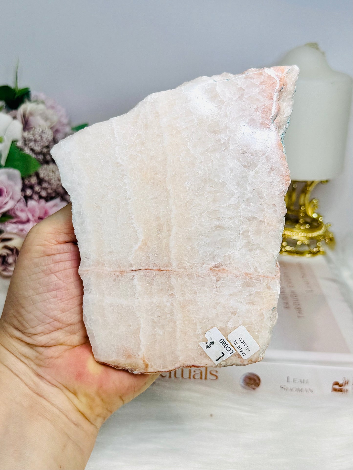 Mexican Pink Calcite Natural Slab 13cm on Stand