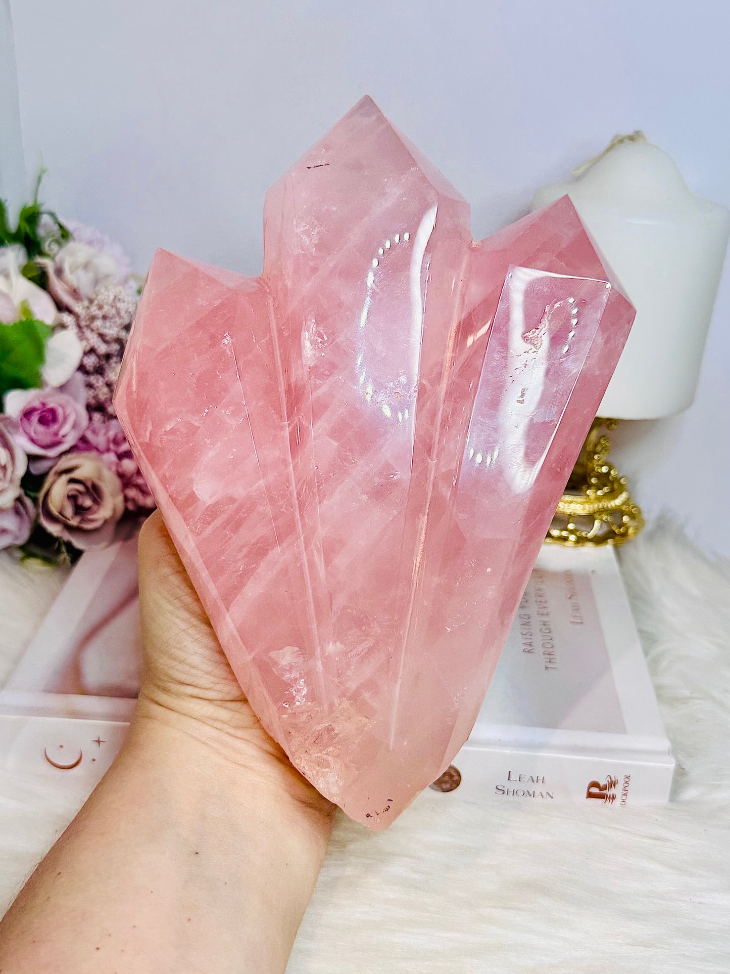 Huge High Grade Rose Quartz Carved Triple Tower on Stand 1.2KG 19cm