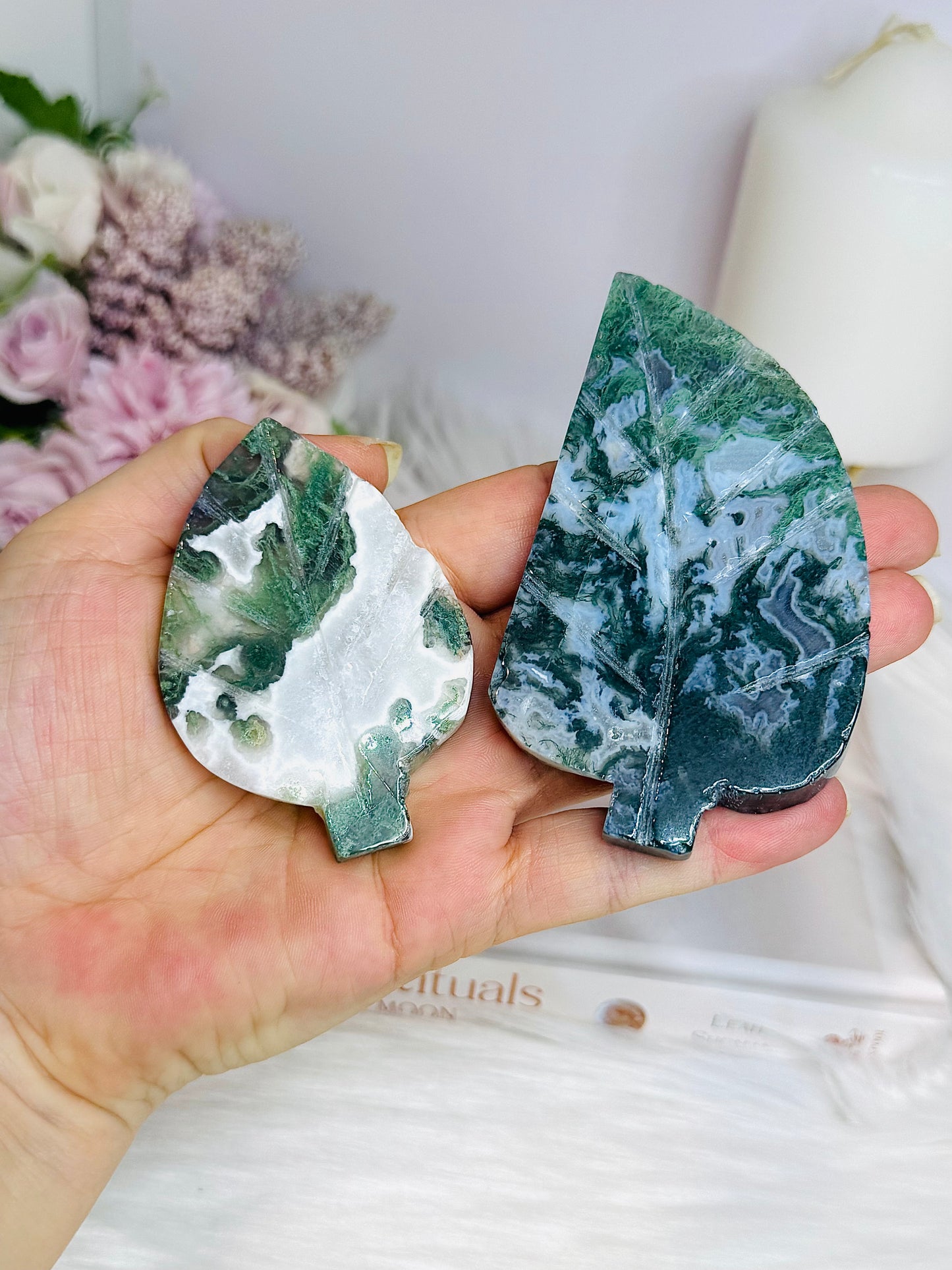 Moss Agate Carved Leaves 135g