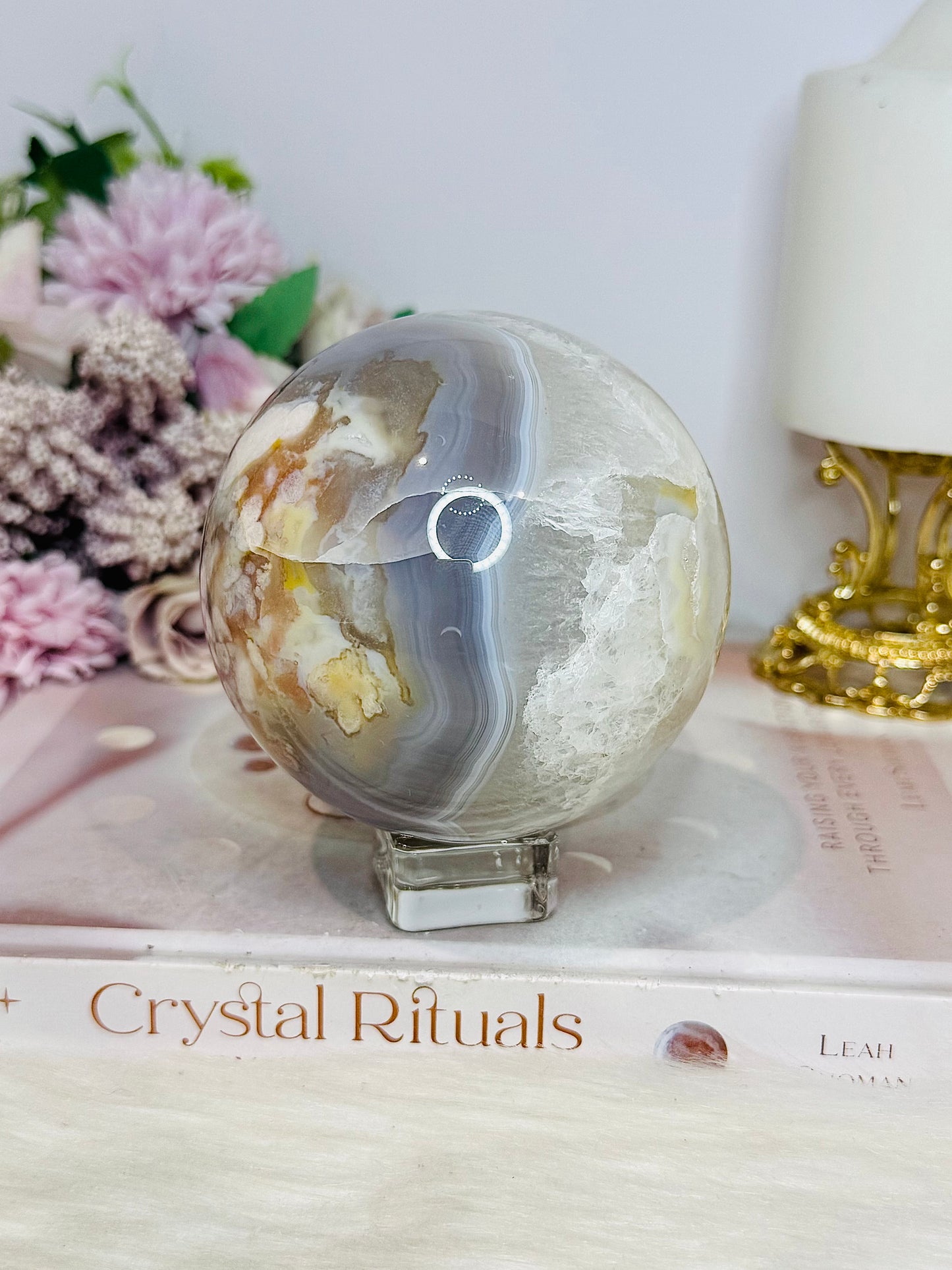Large Flower Agate Sphere On Stand 848g