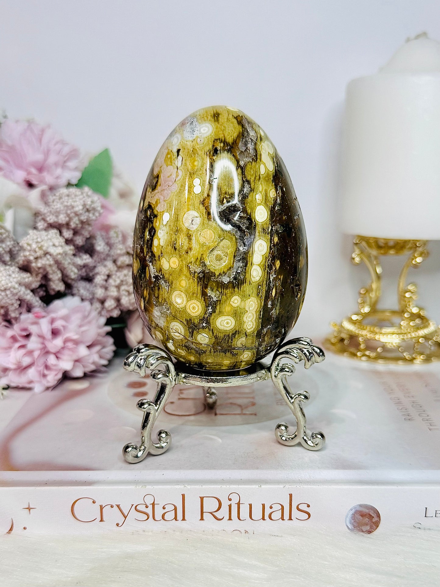 Large Orbicular Ocean Jasper Druzy Egg On Stand 423g