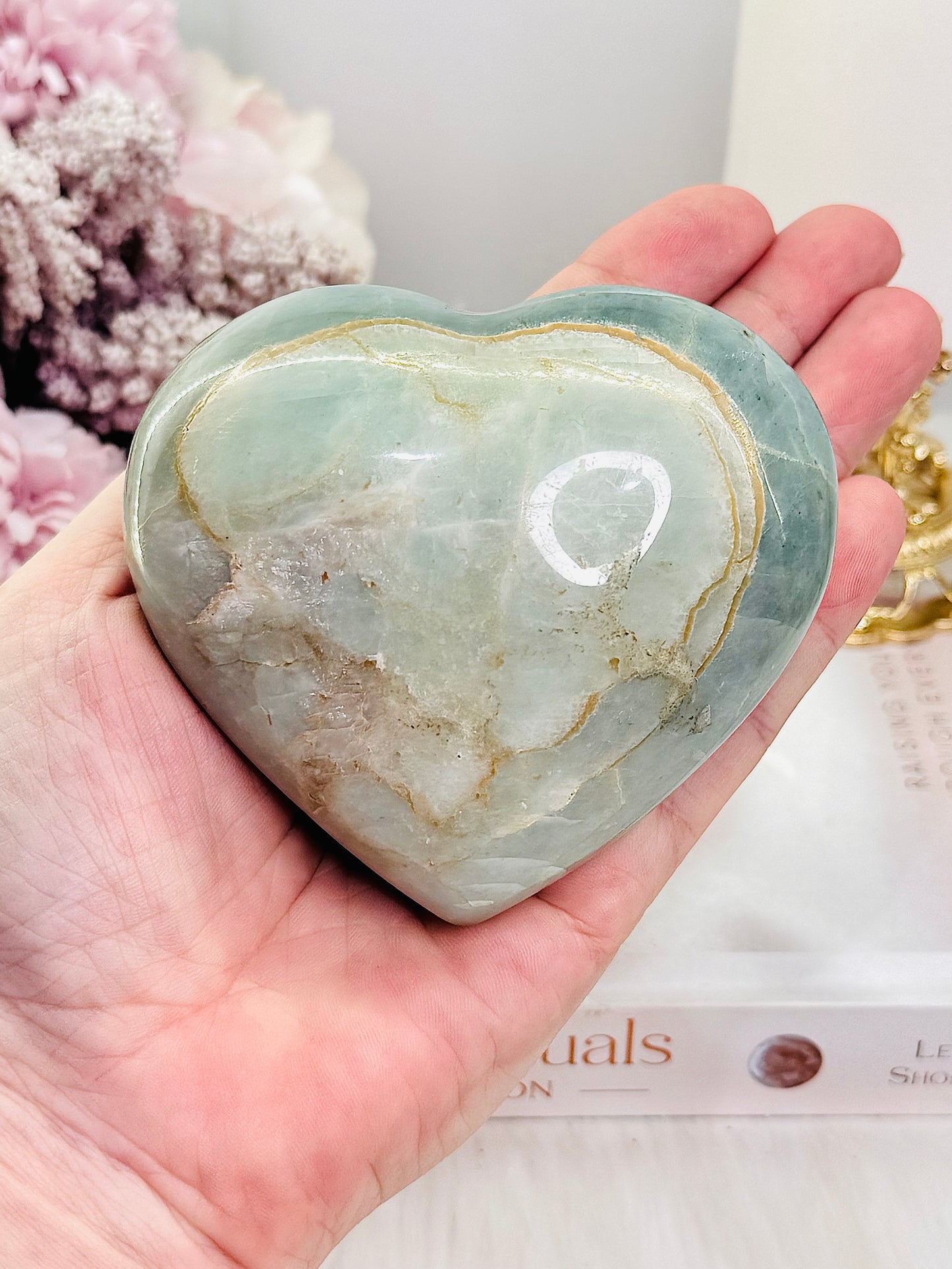 Puffy Large Natural Green Moonstone Carved Heart 423grams