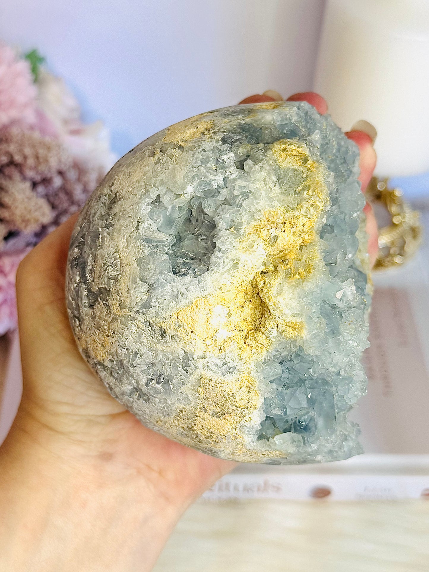 Huge Divine Natural Blue Celestite Druzy Geode | Sphere on Stand 1.65KG