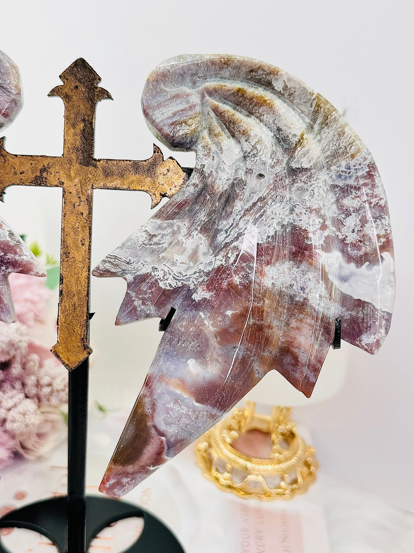 Fabulous Large 22cm (inc stand) Purple Ocean Jasper Chunky Wings on Cross Stand