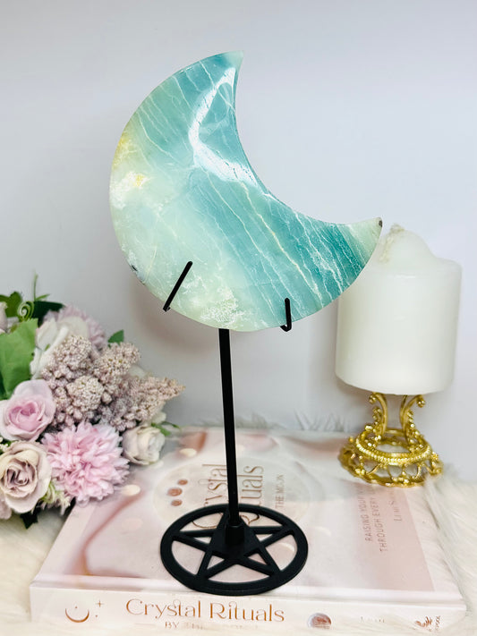 Large Sky Blue Quartz Carved Chunky Moon On Stand 25cm 502g